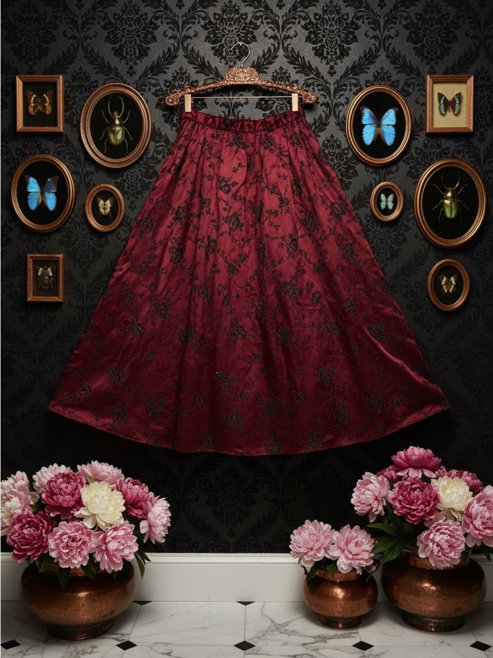 Chetta B Burgundy A-Line Skirt with Black Floral Jacquard